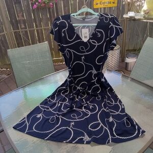 NWT Nina Leonard Cap Sleeve Self Sash Dress, Navy/white, L